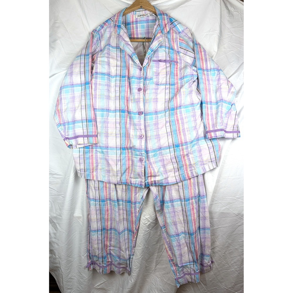 Dreams & Co Womens Pastel Plaid Cotton Pajama Set 2PC Purple Blue Pink Large